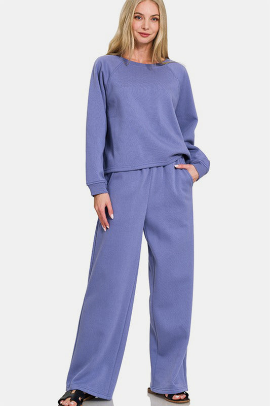 Dusty Blue Round Neck Raglan Sleeve Top and Elastic Waist Pants Set - Tigbul's Variety Fashion Shop