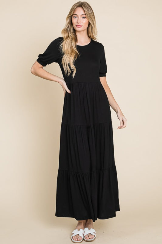 BOMBOM Short Sleeve Tiered Maxi Dress - Tigbul's Variety Fashion Shop