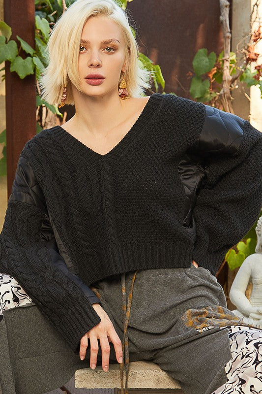 POL Cable Knit Quilting Patch V-Neck Sweater - Tigbul's Variety Fashion Shop