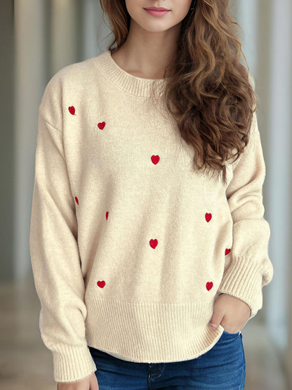 Heart Round Neck Long Sleeve Sweater - Tigbul's Variety Fashion Shop