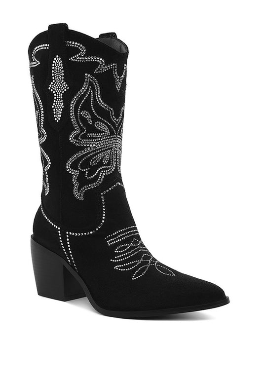 Latafa Rhinestones Embellished Cowboy Boots - Tigbul's Variety Fashion Shop