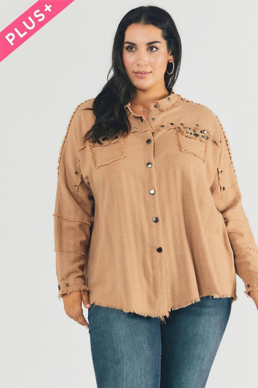 Plus Distressed hem button down oversize shirt - Tigbul's Variety Fashion Shop