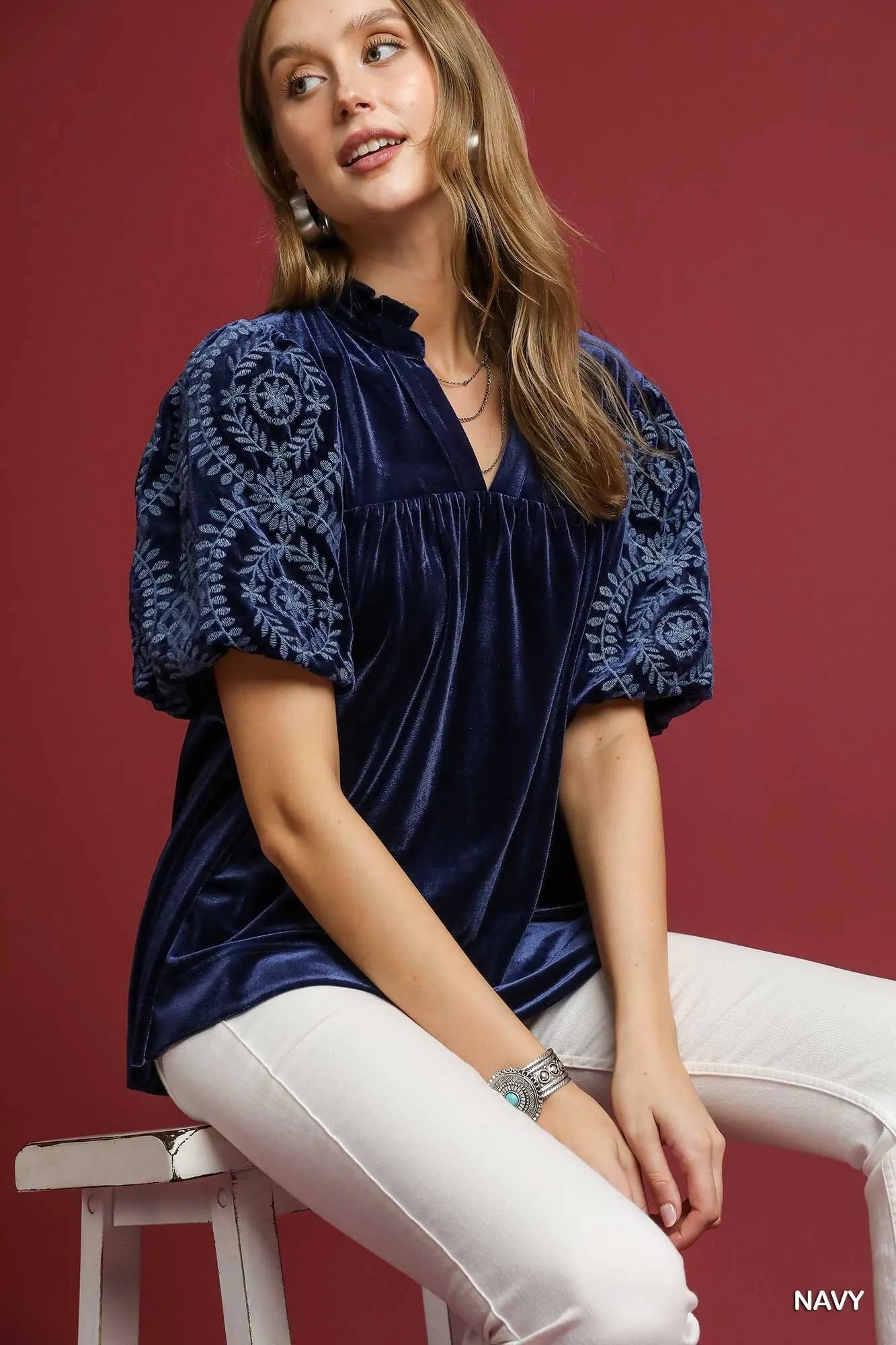 Umgee Full Size Velvet Embroidered Sleeve Blouse Plus Size - Tigbul's Variety Fashion Shop