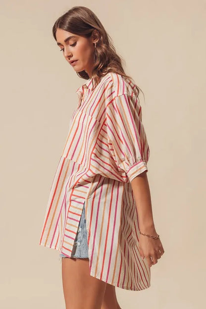 Pink Multicolored Stripe Button Down Shirt - Tigbul's Variety Fashion Shop