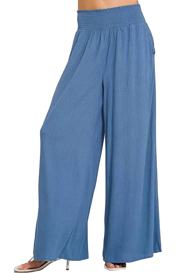 Smocked Waistband Wide Leg Blue Lounge Pants - Tigbul's Variety Fashion Shop