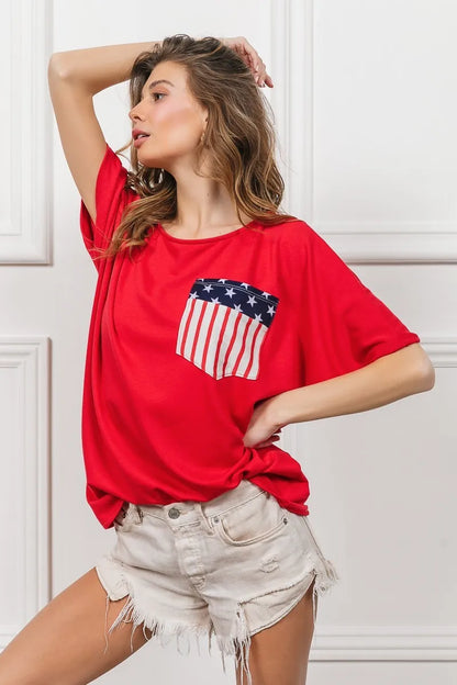Red French Terry With Front Pocket Dolman Sleeves Top - Tigbul's Variety Fashion Shop