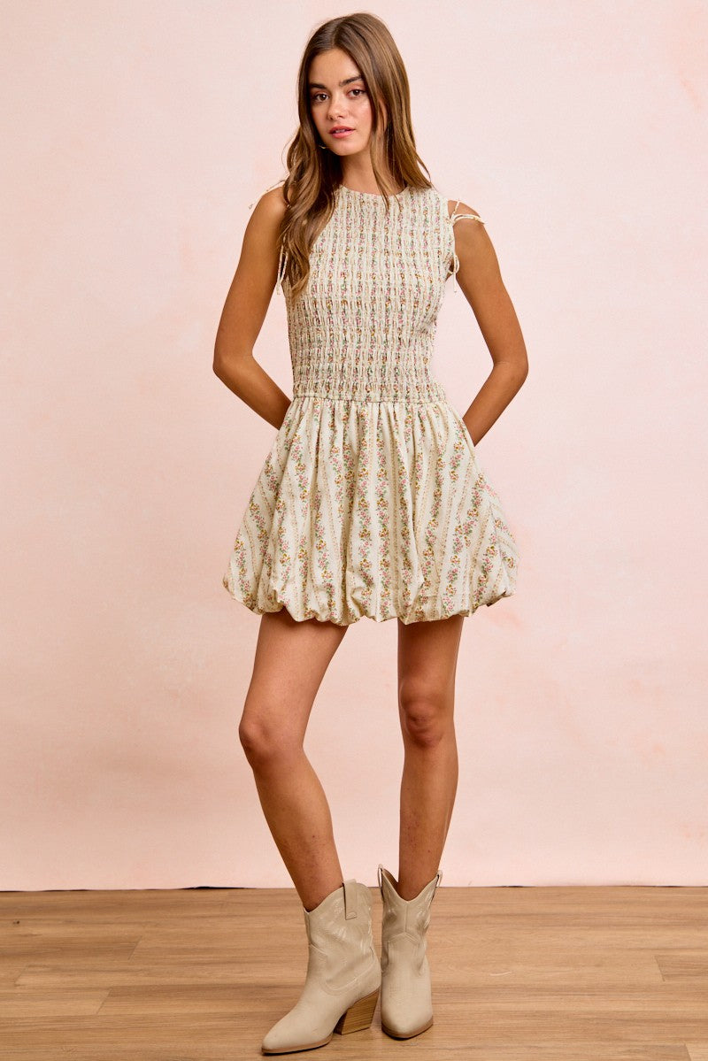 Ivory floral puff-sleeve babydoll mini dress with smocked waist and flared hem