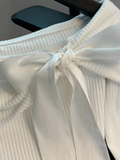 Off-Shoulder Bowknot Ribbed Knit T-Shirt - Tigbul's Variety Fashion Shop