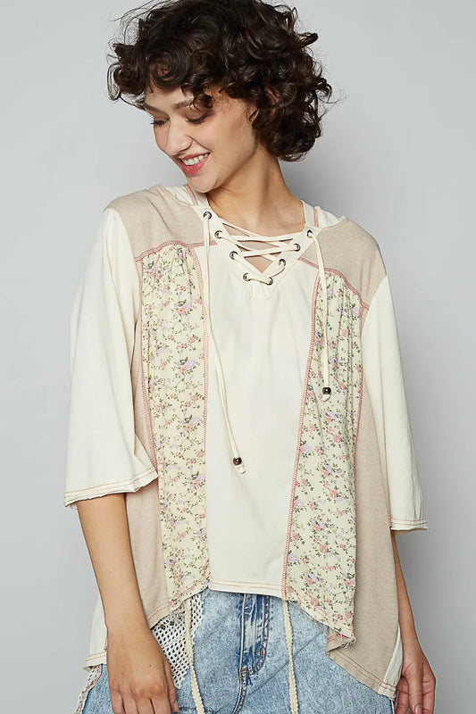 POL Lace-Up Hooded T-Shirt with Paisley Panel Detail - Tigbul's Variety Fashion Shop