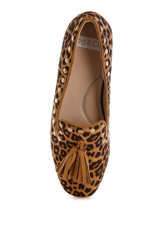 Niloha Studs & Tassels Detail Leopard Loafers - Tigbul's Variety Fashion Shop