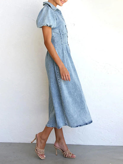 Puff Sleeve Button Front Denim Midi Dress - Tigbul's Variety Fashion Shop