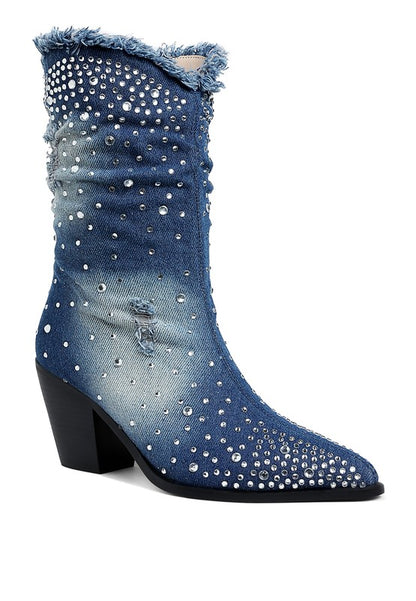 Savant Diamante & Rhinestones Denim Boots - Tigbul's Variety Fashion Shop