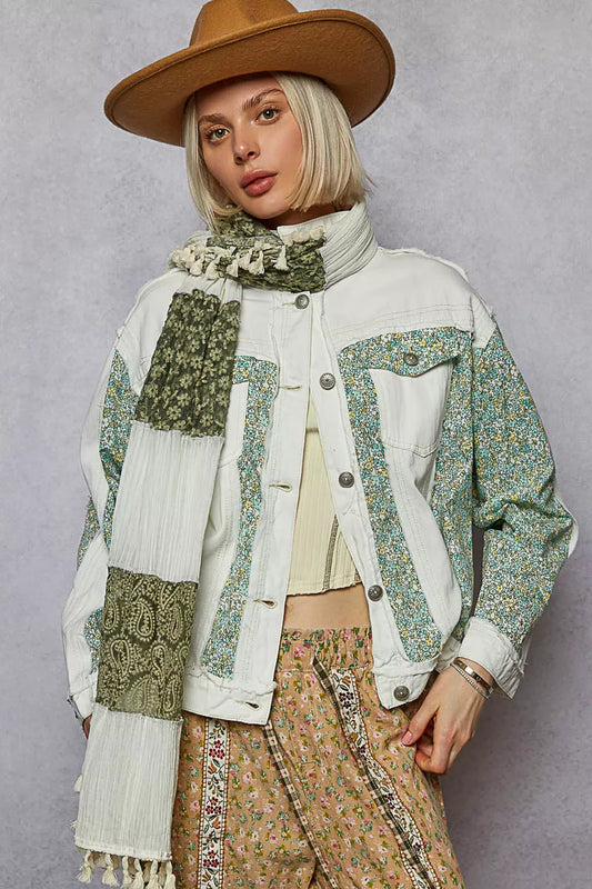 POL Button Down Patchwork Denim Jacket with Floral Print Details - Tigbul's Variety Fashion Shop