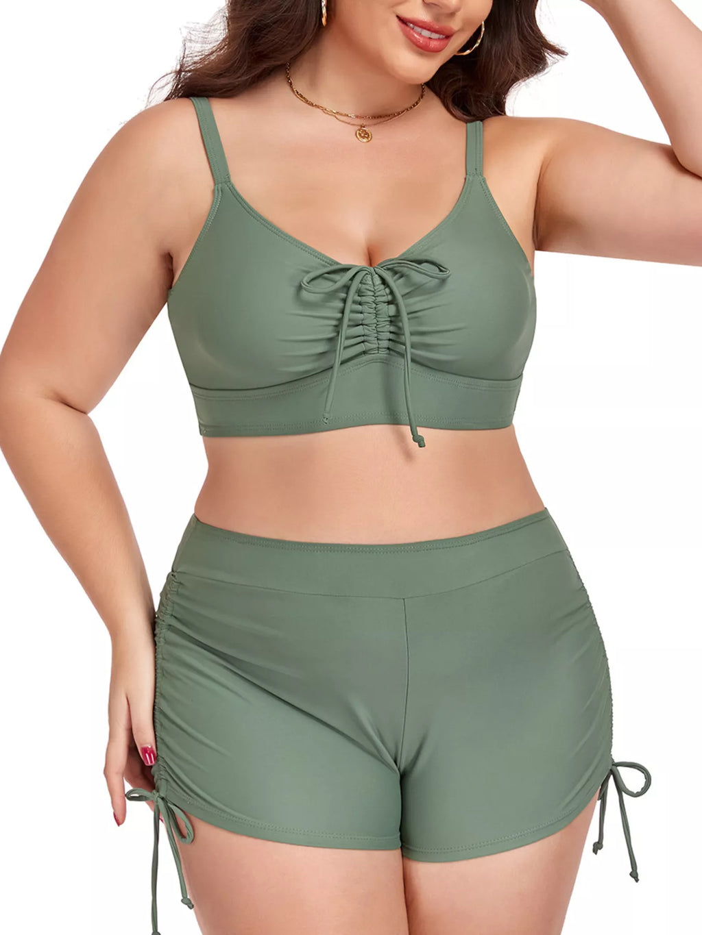 Army green plus size ruched swim set, front view of tie-front bikini top and shorts