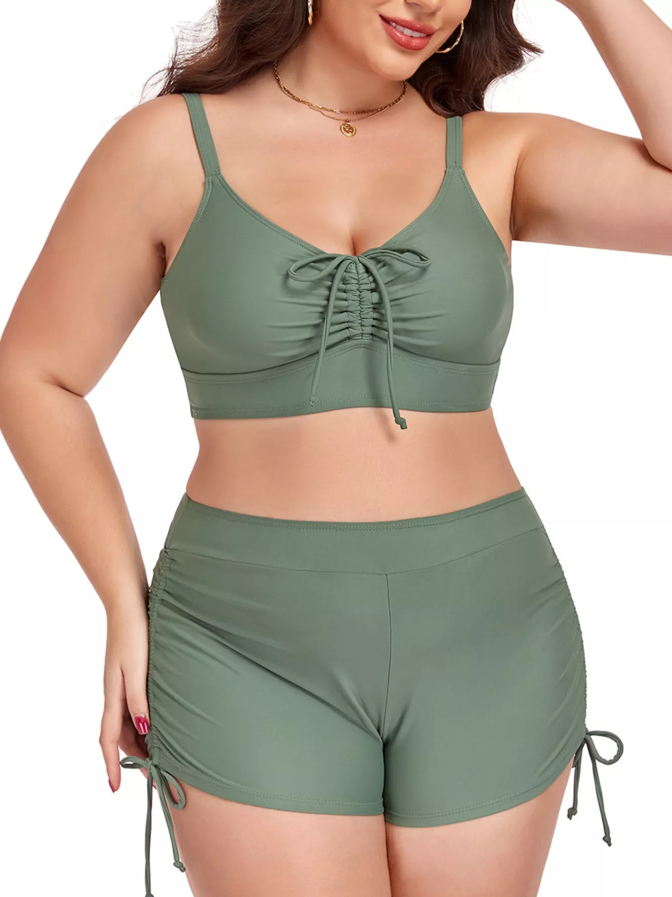 Army green plus size ruched swim set, front view of tie-front bikini top and shorts