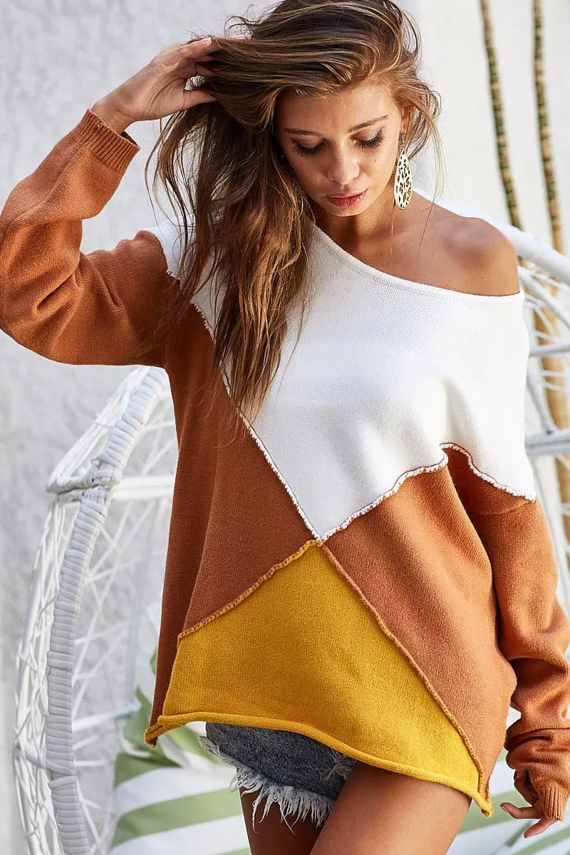 Color Block Geometric Sweater - Tigbul's Variety Fashion Shop