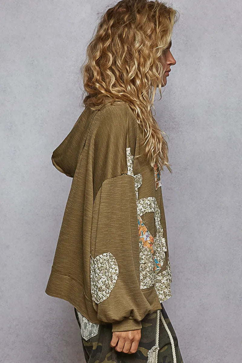 POL Peace Patch Floral Long Sleeve Hoodie - Tigbul's Variety Fashion Shop