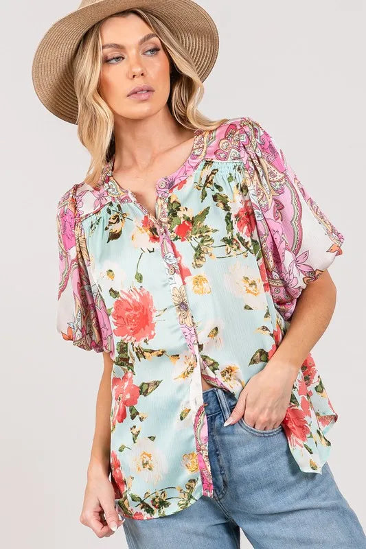 Plus Size Floral Mineral Wash Blue French Terry Button Up Shirt - Tigbul's Variety Fashion Shop