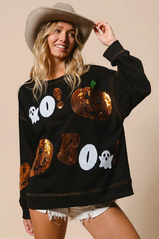 BiBi Halloween Theme Sequin Embroideries Sweatshirt - Tigbul's Variety Fashion Shop