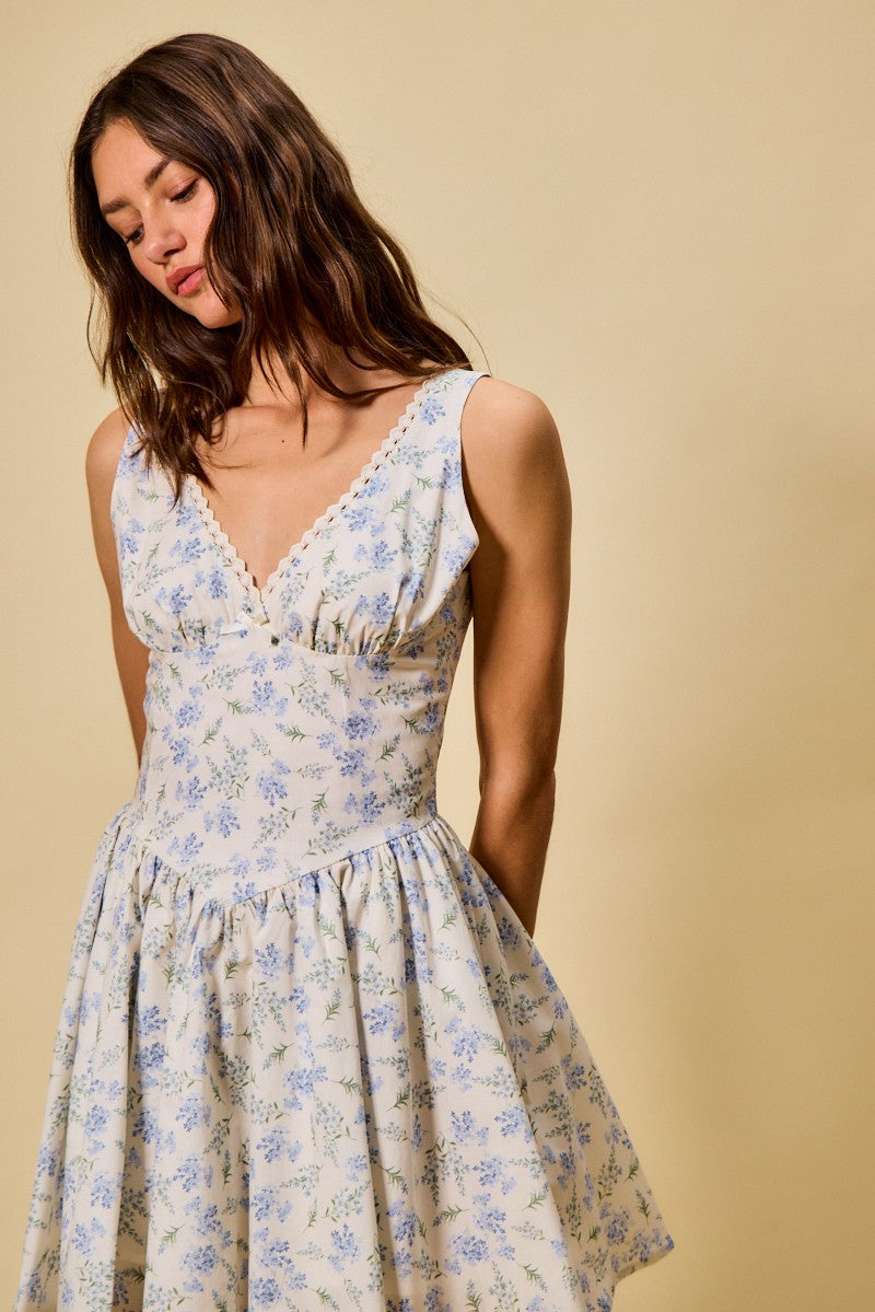 Blue floral V-neck fit-and-flare dress with pleated skirt and fitted bodice