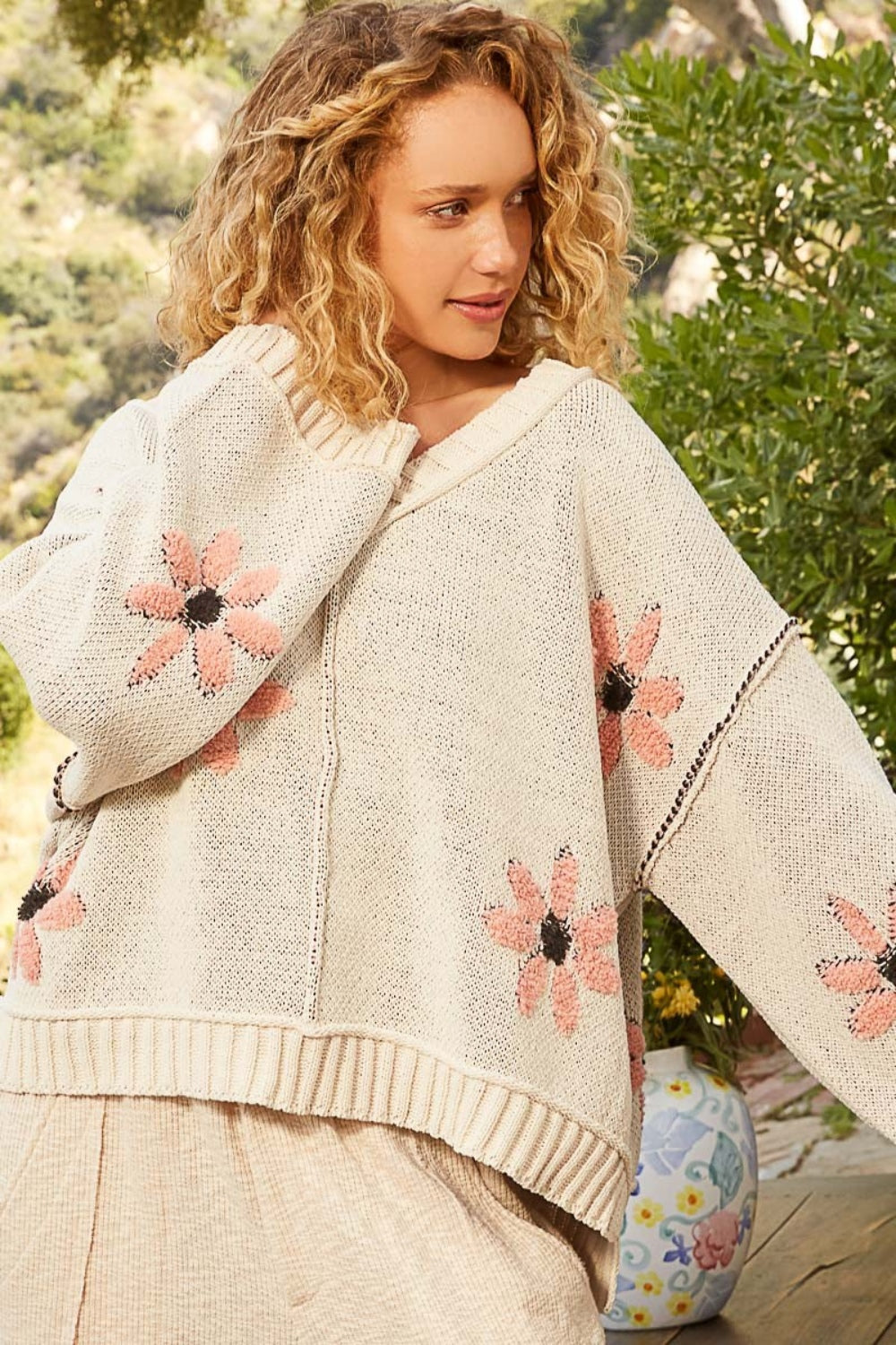 Ivory V-Neck Floral Pattern Chenille Sweater - Tigbul's Variety Fashion Shop