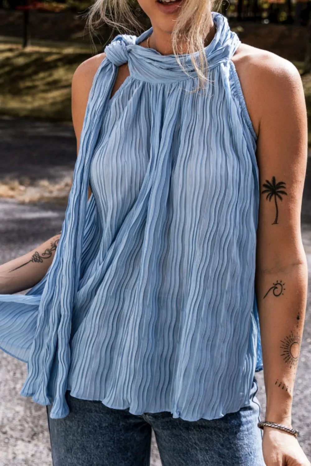 Textured Pleated Tied Mock Neck Flowy Blue Tank Top - Tigbul's Variety Fashion Shop