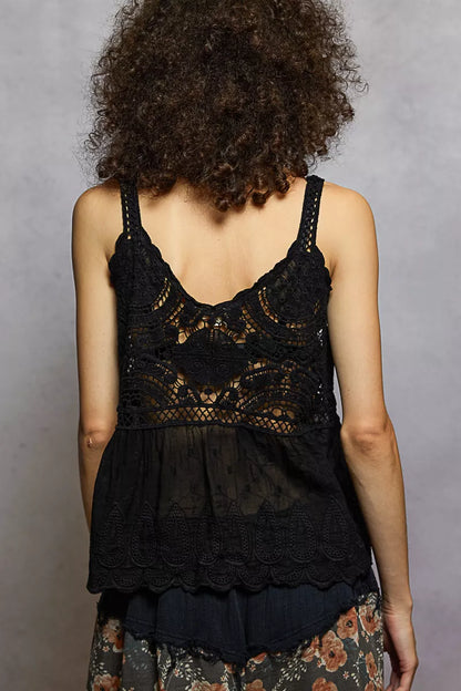POL V-Neck Crochet Tank with Floral Embroidery Detail - Tigbul's Variety Fashion Shop