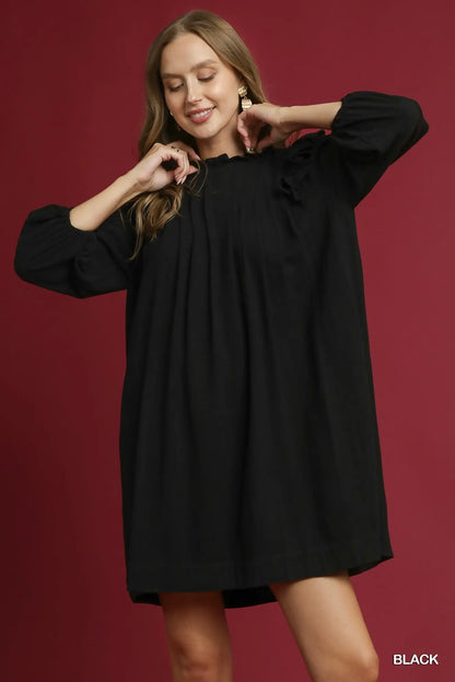 Umgee Linen Ruffle Shoulder Pleated Babydoll Dress - Tigbul's Variety Fashion Shop