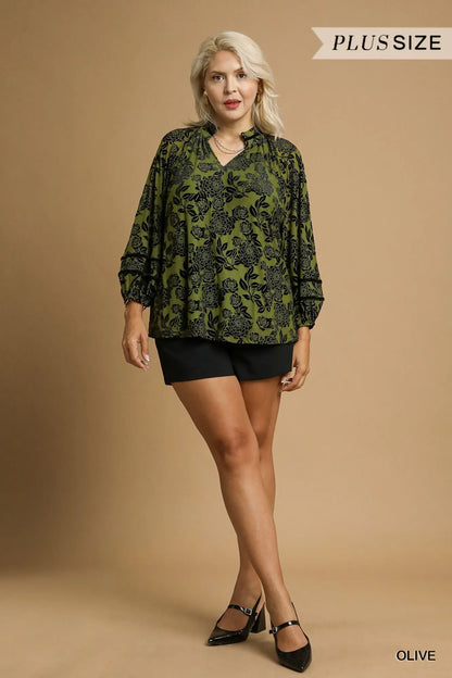 Umgee Full Size Floral Velvet Blouse with Balloon Sleeves Plus Size - Tigbul's Variety Fashion Shop