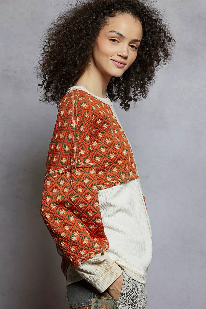 POL Contrast Patchwork Round Neck Long Sleeve Top - Tigbul's Variety Fashion Shop
