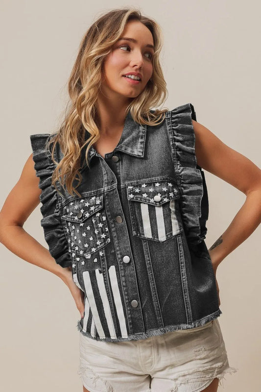 American Flag Washed Denim Jacket - Tigbul's Variety Fashion Shop