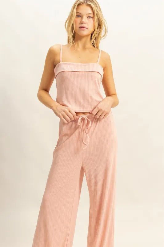 Peach Color Rib Knit Cami Top and Pants Set - Tigbul's Variety Fashion Shop