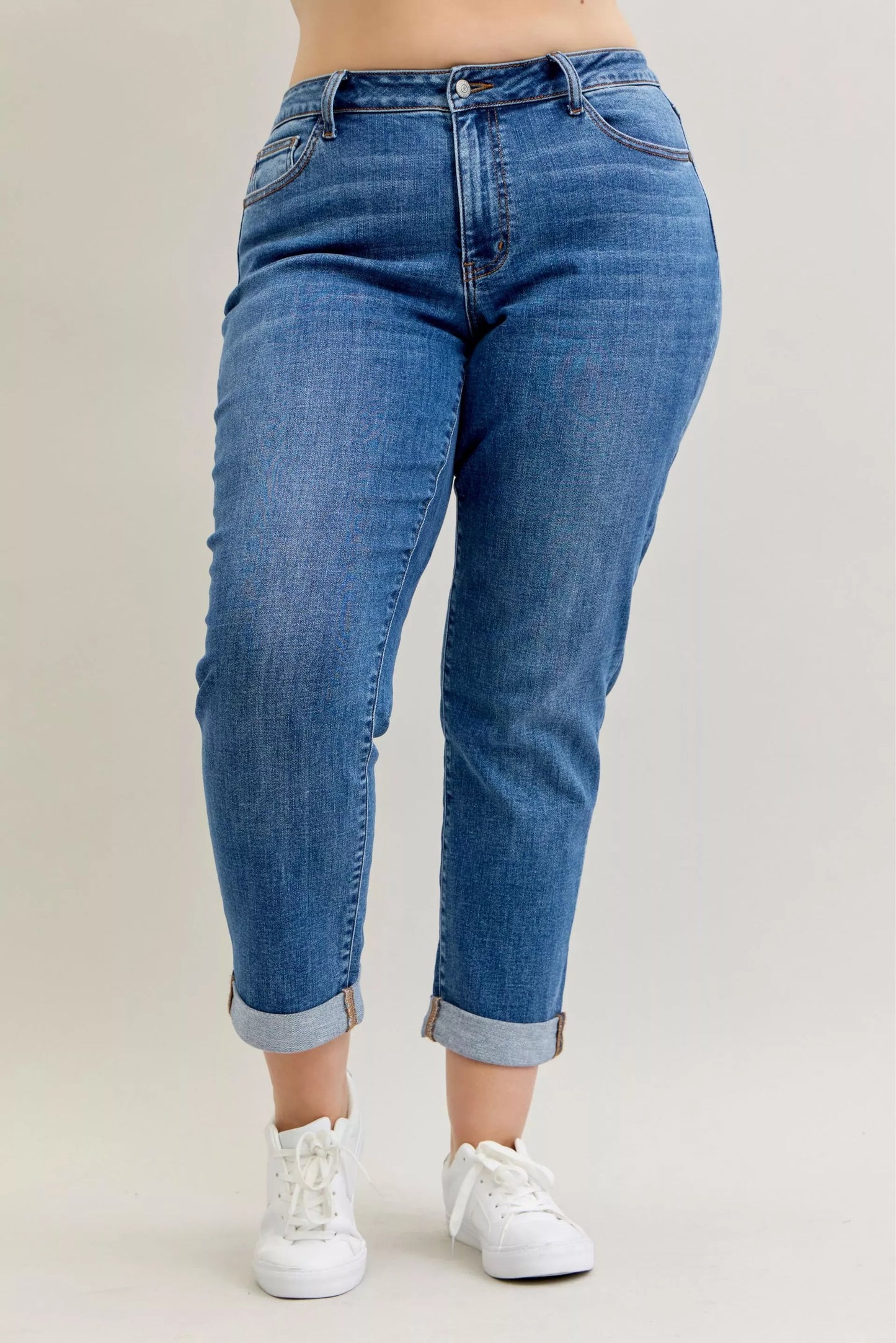 Judy Blue Full Size Mid Rise BF Classic Cuffed Jeans Plus Size - Tigbul's Variety Fashion Shop