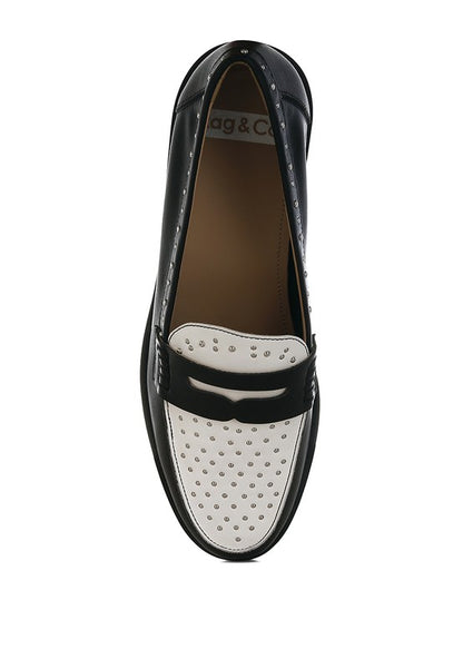 Raisa Stud Embellished Genuine Leather Penny Loafers | Tigbuls