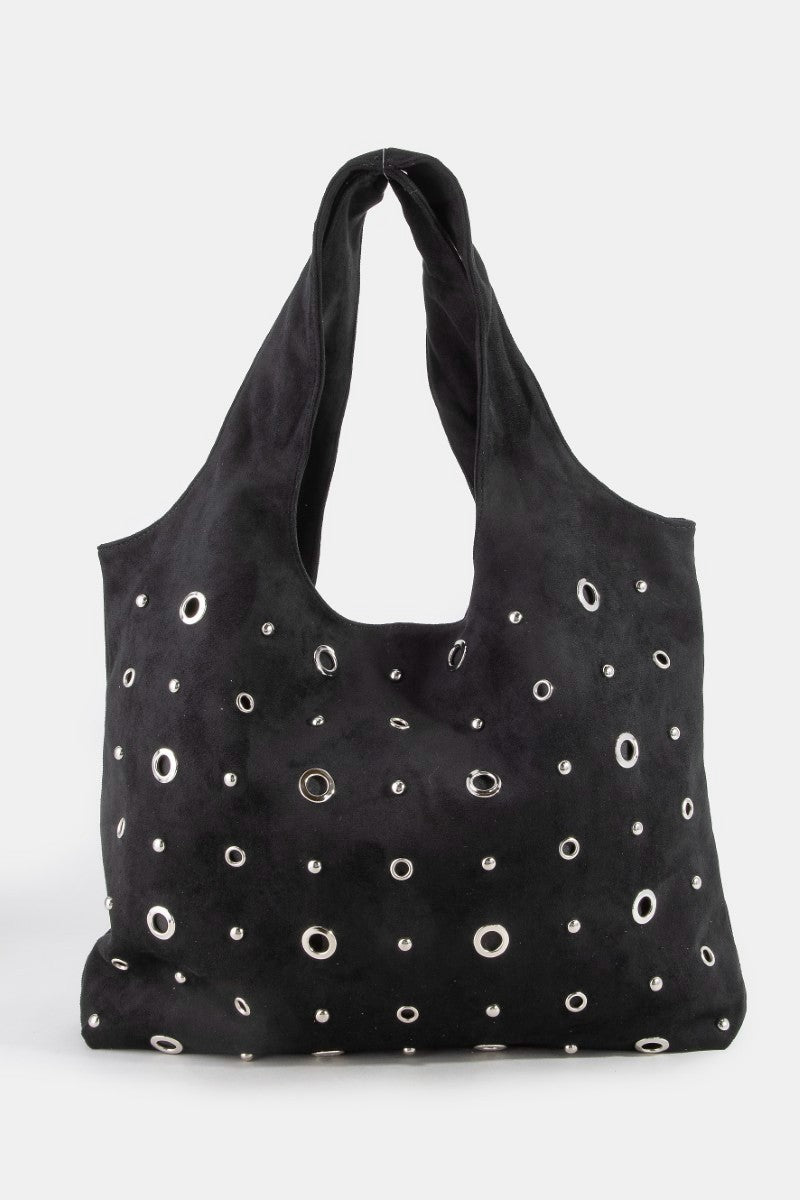 Fame large suede shoulder bag in black with silver grommet stud detailing