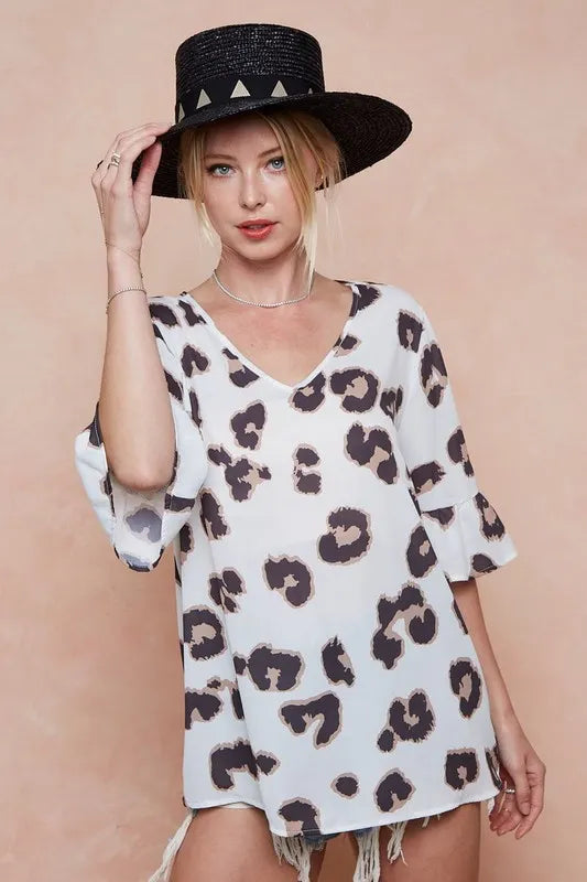 BiBi Leopard Printed V Neck Woven Top with Ruffled - Tigbul's Variety Fashion Shop