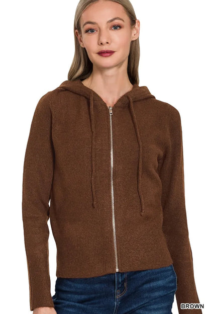 Zenana Drawstring Zip Up Hooded Cardigan - Tigbul's Variety Fashion Shop