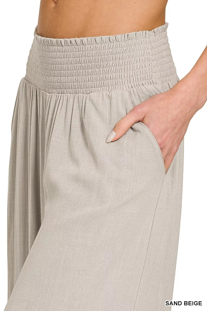 Smocked waistband lounge pants, sand beige with front pleats