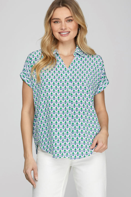 She + Sky Full Size Printed Johnny Collar Short Sleeve Blouse Plus Size - Tigbul's Variety Fashion Shop