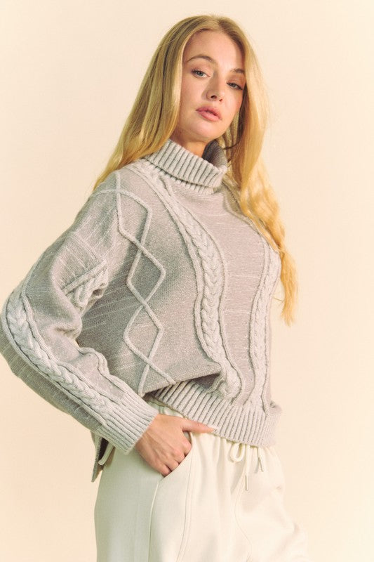 Davi & Dani Cable-Knit Turtleneck Dropped Shoulder Sweater - Tigbul's Variety Fashion Shop