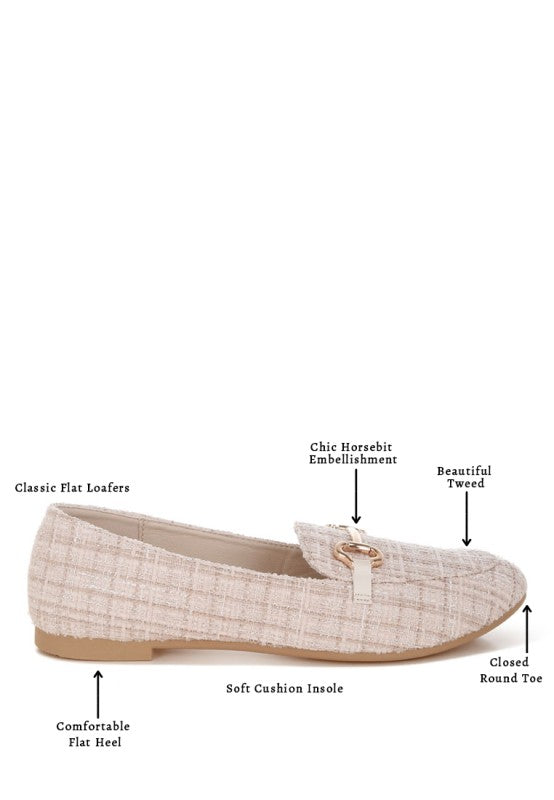 Beige tweed flat loafer with closed round toe and gold horsebit detail