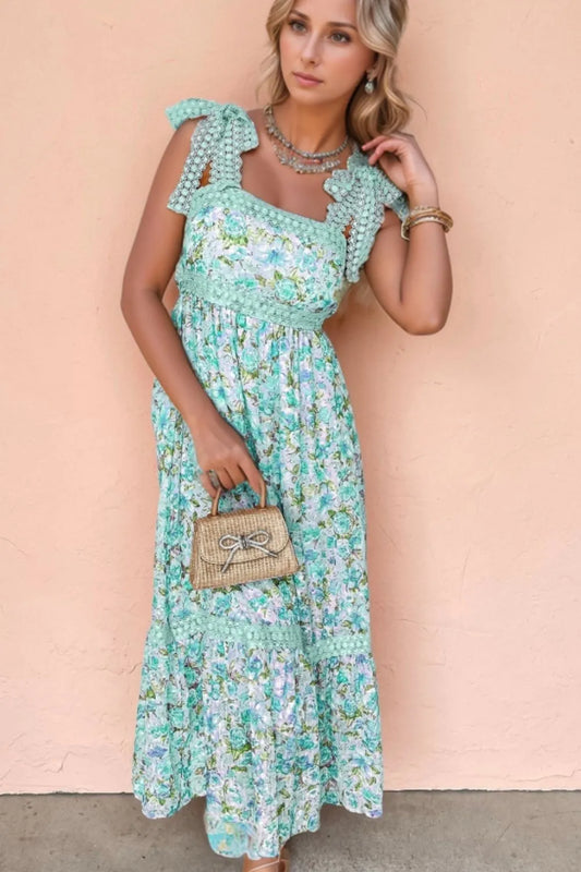 Turquoise Lace Detail Square Neck Floral Dress - Tigbul's Variety Fashion Shop