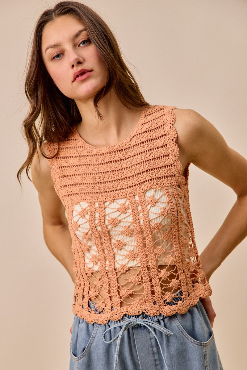 Peach Color Crochet Knit Lace Sweater Tank Top - Tigbul's Variety Fashion Shop