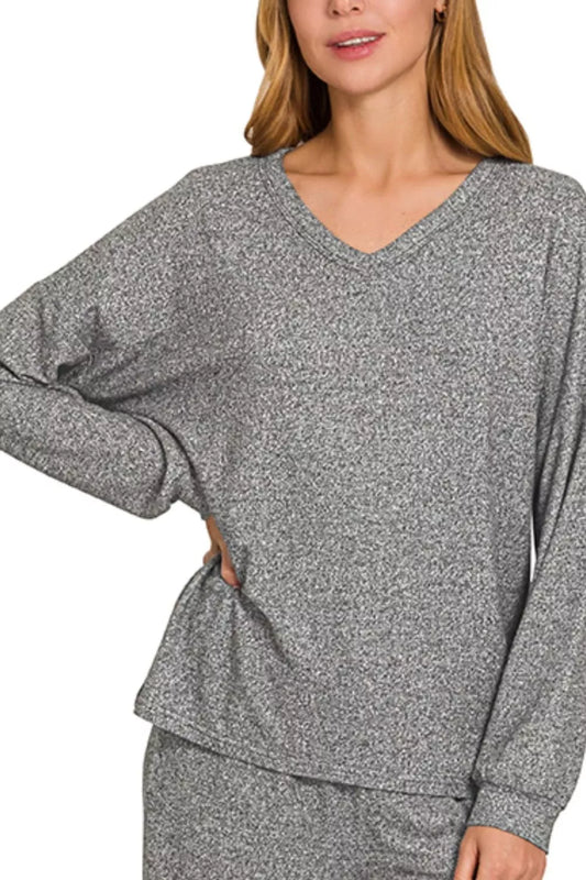 Zenana Soft Melange Long Sleeve Tee & Pants Set - Tigbul's Variety Fashion Shop