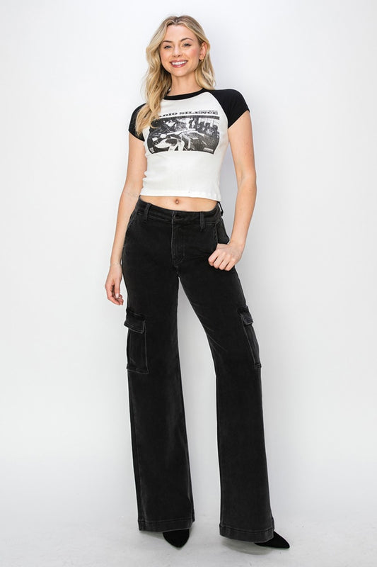 Black High Rise Wide Leg Cargo Jeans Sz. 24-3XL - Tigbul's Variety Fashion Shop