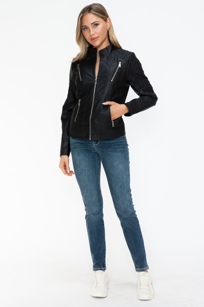 Black Faux Leather Zip Up Mock Neck Jacket