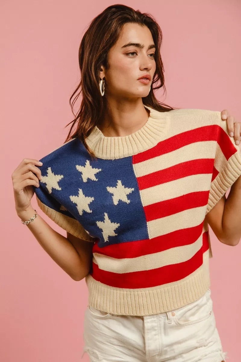 BiBi Star Patches American Flag Sleeveless Sweater - Tigbul's Variety Fashion Shop