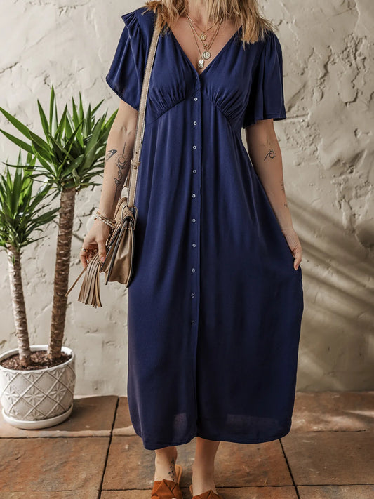 V Neck Buttoned Front Shirred Back Short Sleeve Midi Dress - Tigbul's Variety Fashion Shop