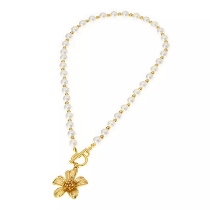 18K Gold-Plated Pearl Flower Pendant Necklace - Tigbul's Variety Fashion Shop