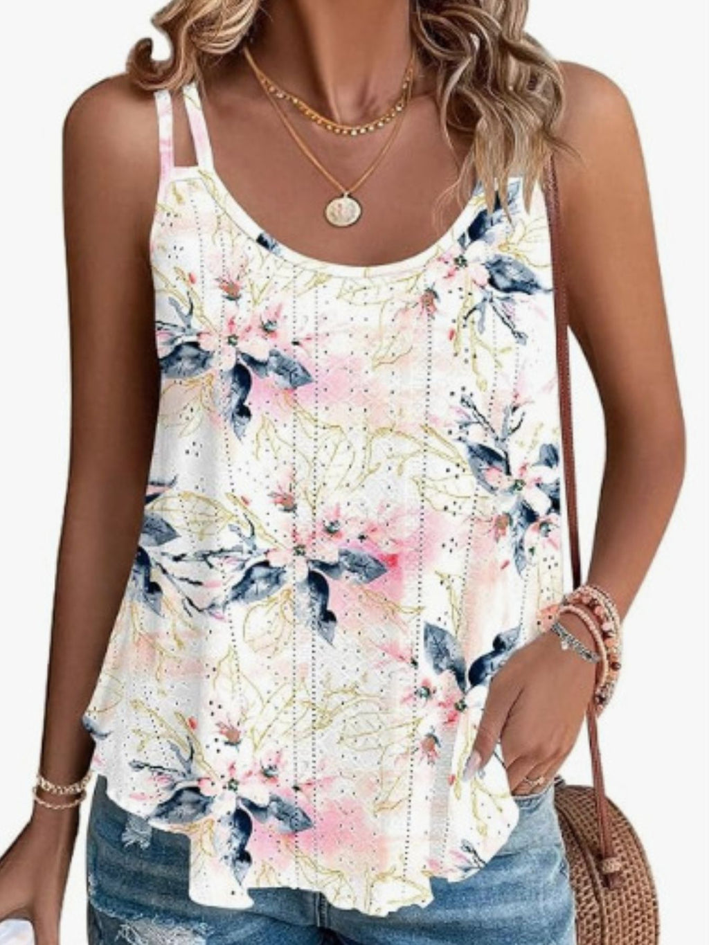Eyelet double-strap cami in white with colorful floral print